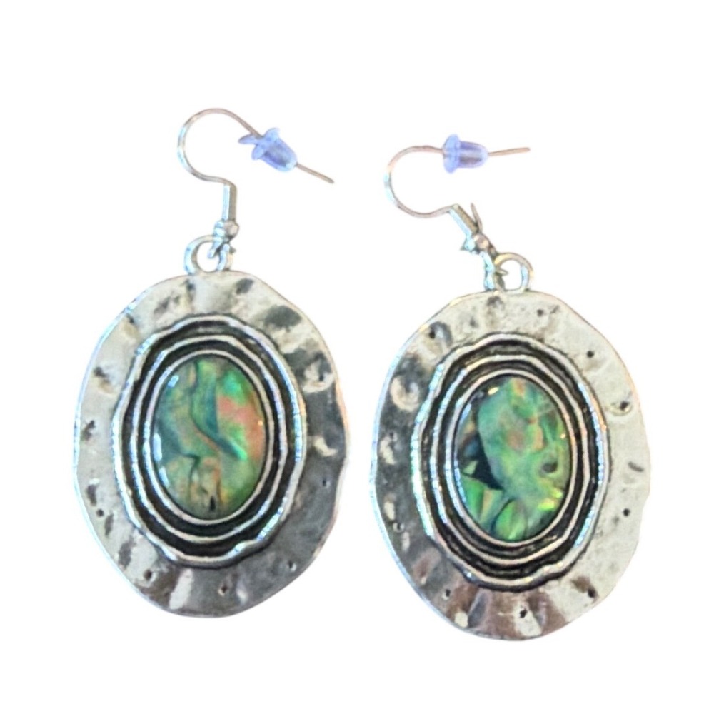 Drop‎ Earrings Abalone Boho Vintage Mermaidcore Women Silver Hammered Dangle